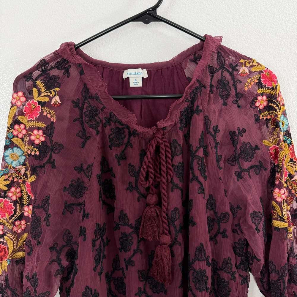 Sundance Top Womens Small Burgundy Floral Embroidered Tassel Tie Long Sleeve - Picture 2 of 13
